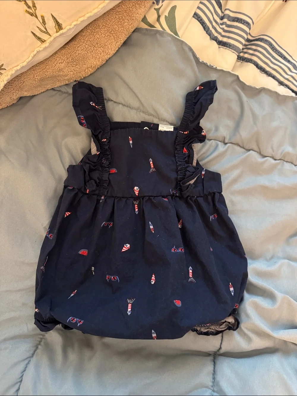 Carter's Navy Ruffle Strap Baby Romper with Red Accent Print